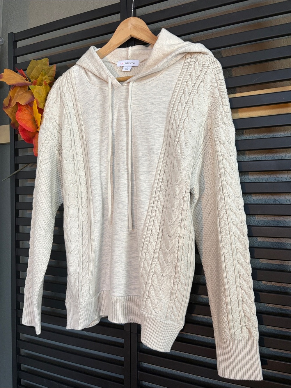 Liz Claiborne Cream Cable-Knit Hooded Pullover